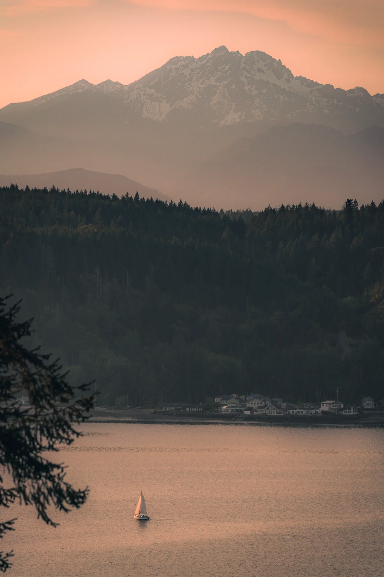 Olympic Mountains at sunset with fog